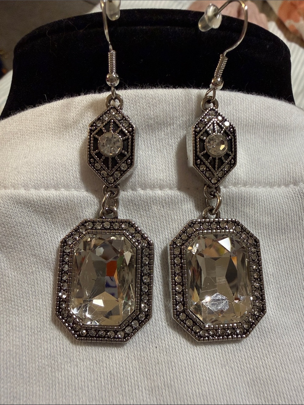 New 3” Womens Silver Crystal Drop filigree Earrings